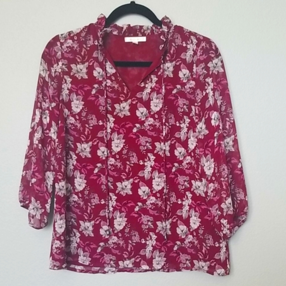 Skies are blue Romantic Office Tie Neck Burgundy Floral Blouse Small - Picture 2 of 9